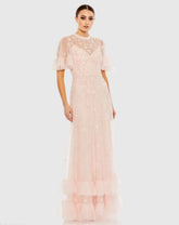 Light Pink Ruffled Floral Embellished Flutter Sleeve A Line Dress